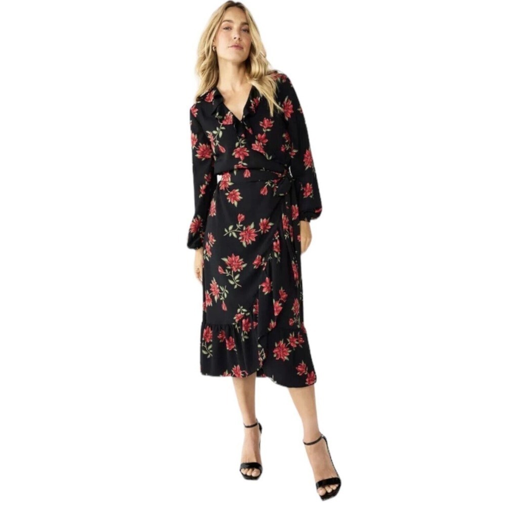 Draper James Black Floral Long Sleeve Ruffle Midi Wrap Dress Womens XS NWT $78